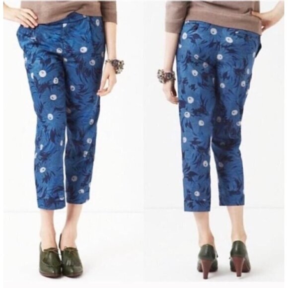 Anthropologie Elevenses Womens 8 Lunar Mum Floral Crop Pants Lightweight Blue - Picture 1 of 8